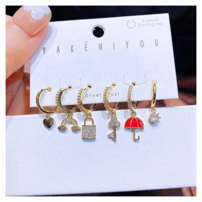 China FASHIONABLE Design 6pcs Zircon Paved Dangle Key Lock Drop Earrings Set Gold Plated Women Huggies Hoops Jewelry for sale