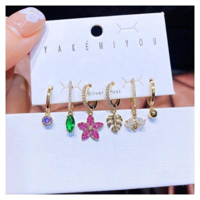 China FASHIONABLE Luxury Design 6pcs Zircon Leaf Flower Bee Drops Huggies Earrings Gold Plated Crystal Women Jewelry for sale