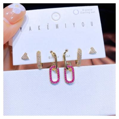 China 3 Pair FASHIONABLE Luxury Zircon Paved Link Charm Stud Geometric Drop Earrings Set Gold Plated Women Huggies Jewelry for sale