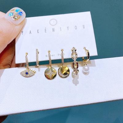 China TRENDY 6pcs Micro Paved Zircon Blue Eye Round Moon Star Dangle Earrings Set Huggies Hoops Women Jewelry Gold Plated for sale