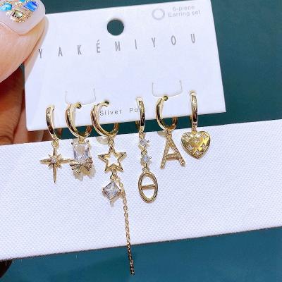 China FASHIONABLE Luxury 6pcs Star Letter Heart Drop Hanging Earrings Set Gold Plated Copper Zircon Huggie Women Jewelry for sale