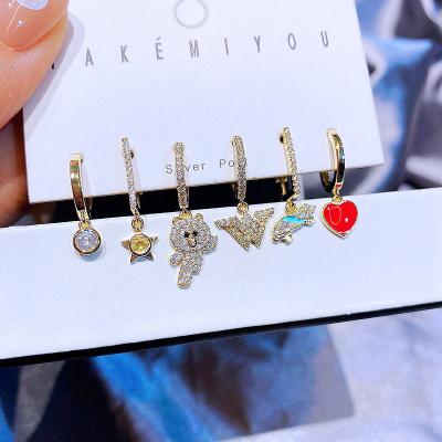 China TRENDY Cute 6pcs Heart Star Bear Dangle Drop Earrings Set Gold Plated Zircon Paved Women Huggies Circles Jewelry for sale