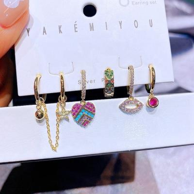 China 6pcs TRENDY Multicolor Zircon Lip Heart Huggie Drop Earrings Set For Women Gold Plated Crystal Jewelry for sale