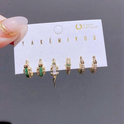 China New Design 6pcs TRENDY Green Crystal Animal Crocodile Stud Huggie Earrings Set 14K Gold Plated Women's Earrings Jewelry for sale