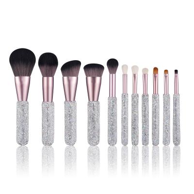 China Angular Blush 11pcs Glitter Handle Silver Bling Diamond Makeup Brush Set With Rhinestone for sale