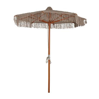 China Traditional Custom Cotton Rope Woven Canopy Parasol Wooden Pole Umbrella For Garden for sale