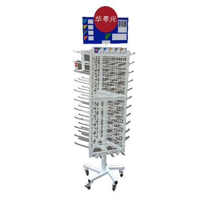 China Easy Assembly Rotating Retail Hanging Display Stand Metal Rotating Standing Display Rack With Wheels for sale