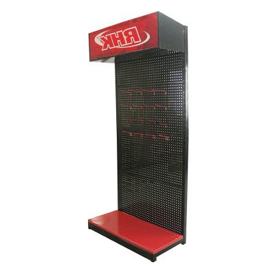 China 1.Pegboard back. 2.Logo printed on back.3. Hooks& Shelves Can Hang Hardware Perforated Machine Tools Stand Metal Shop Shelving Rack Pegboard Display Unit for sale