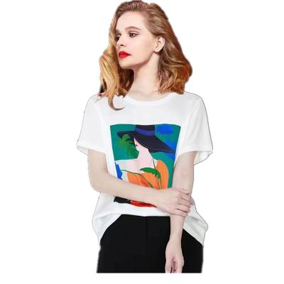 China Anti-wrinkle Summer Women Casual Print Patchwork Satin Shirt Fashion Tops Tees Rayon T-shirts O-Neck Loose O-Neck Short Sleeve Tshirts for sale