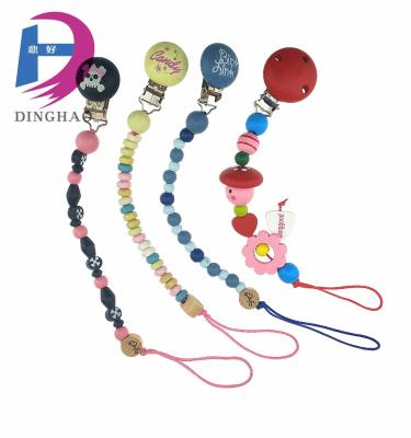 China New Food Grade Eco-Friendly Wooden Ring Beaded Baby Pacifier Clip Chain for sale