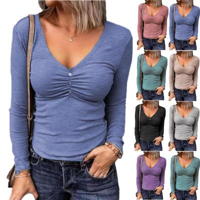 China Solid Color Yarn Fit Long Sleeve Fashionable Simple Slim T-Shirt Top Drop Top Plus Size Shirts For Women for sale