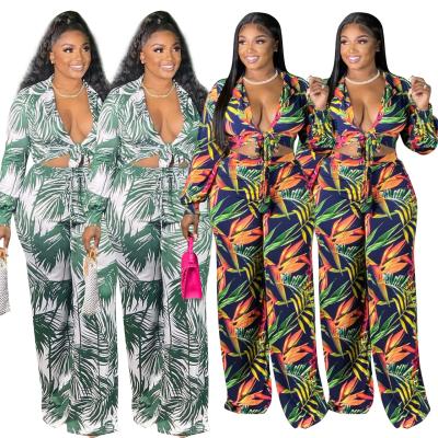 China 2021 Autumn QUICK DRY Fashion Casual Bohemian Copy Plus Size Women Clothing Crop Top Wide Leg Pants Two Piece Set for sale