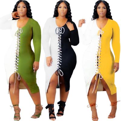 China Anti-static sexy color block contrast pungent color ties casual dress clothing plus size women's dresses for sale