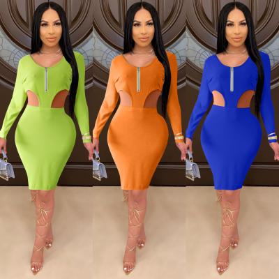 China Anti-Static Fashion Solid Color Casual Knitted Waist Pierced Zipper Split Elegant Casual Dresses Women Sexy Dress for sale