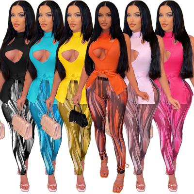 China 2022 New Fashion QUICK DRY Neck Sleeveless Strap Fake Tops Print Skinny Pants Women Two Piece Sets Summer Matching Sets for sale