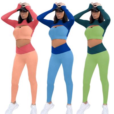 China QUICK DRY Fall Sports Two Piece Sweat Suits Jogger Set Leisure Hollow Out Waist Tops Contrast Color Pants for sale