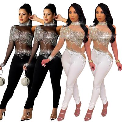 China QUICK DRY sexy club wear one-shoulder color diamond rhinestone mesh see through romper drop women's jumpsuits for sale