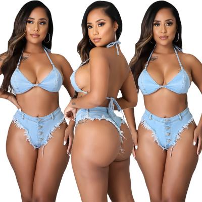 China 2021 new arrival women jeans breathable bikini sets denim swimwear swimwear halter neck bra thong bottoms for sale