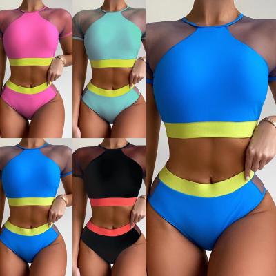 China Wholesale Lady Breathable Bikini Two Piece Swimwear Mesh Crop Tops High Waist Bottoms Patchwork Fitness Swimwear for sale