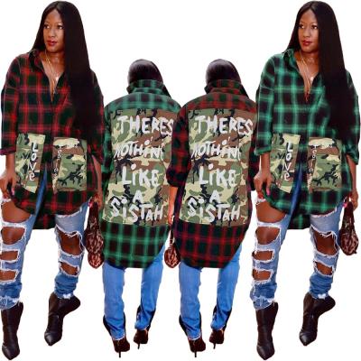 China Fashionable long front anti-pilling short back printed pocket check top women's blouses plaid shirt women clothes for sale