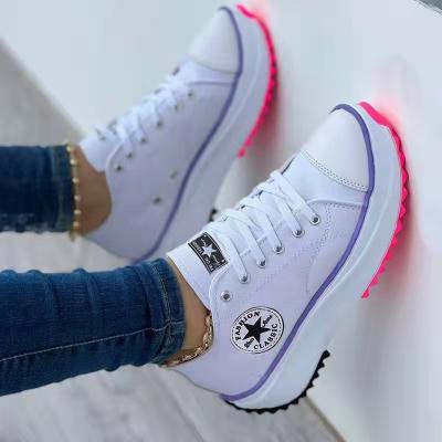 China 2022 Fashion Trend Fashionable Platform Heels Shoes For Women Wedge Lace Up Casual Lightweight Canvas Sneakers Size 35-43 Shoes for sale