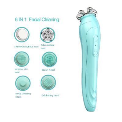 China Skin Revitalizer Home Use 6 in 1 3D Roller Massager 2020 Silicone Electric Face Cleansing Brush for sale