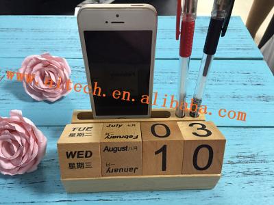 China Multifunctional Wooden Table Calendar Desk Pen Phone Holder, Wooden Calendar Holder Desk Accessories for sale