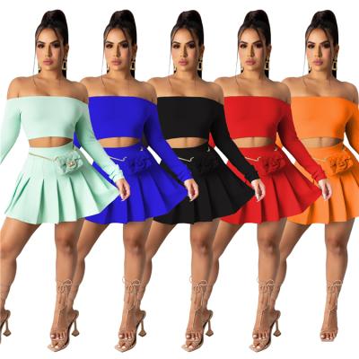 China 2021 Summer Solid Color QUICK DRY Off Shoulder And Pleated Skirt Women Two Piece Set for sale