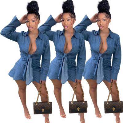 China J9077-high quality breathable women's clothing brands long sleeve denim bandage dress autumn women's mini dresses for sale