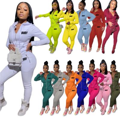 China C0491-women's outfits QUICK DRY autumn letter printing two-piece women zipper hoodie sweat suit for sale