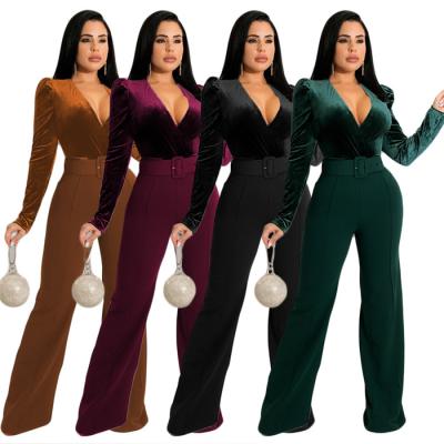 China C188-private QUICK DRY velvet label v neck high waist jumpsuit for women fashion waistbands stylish jumpsuit for sale