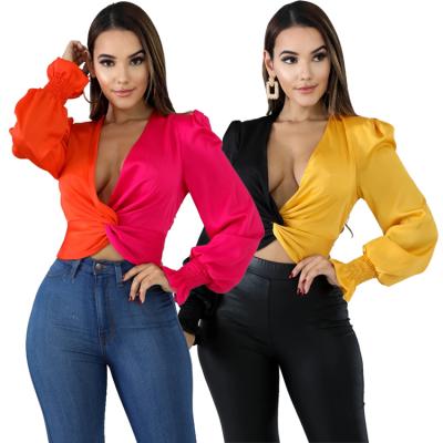 China New Design V Neck Patchwork Breathable Long Sleeve Lady Women's Top Shirt Blouses for sale