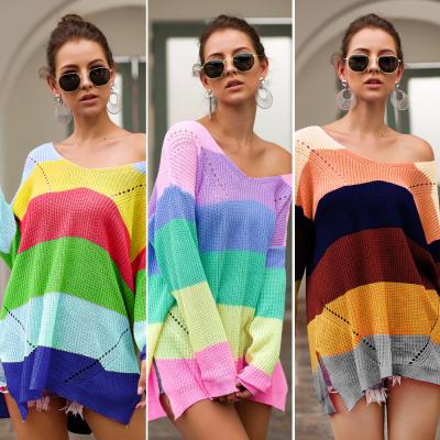 China New Breathable Style Women Rainbow Colorful Off Shoulder Long Sleeve Sweater Knitted V-Neck Striped Plus Size Ladies Loose Custom Sweater for sale