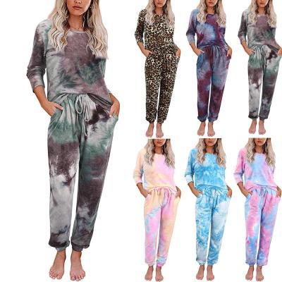 China 2021 Wholesale Breathable Tie Dye Print Color Leisure Wear Hoodie+ Suit Comfortable Sweatpants Two Pieces Pajamas For Women for sale