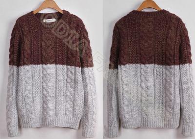 China Full Chunky Mens Cable Knit Sweaters in Crew Neck with Coffe Grey Stripes , Two Tone for sale