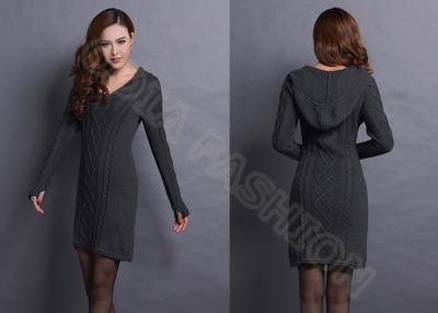 China V Neck Cable Knitted Ladies Sweater Dresses With Hood , Narrow Waist Womens Sweater for sale