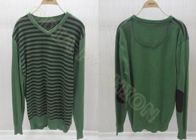 China Green Wool Mens Long Sleeve Sweaters in V Neck with Black Stripes for sale