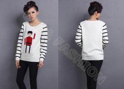 China Acrylic White Scoop Neck Womens Sweaters with Black Stripes , Long Sleeve Pullover for sale