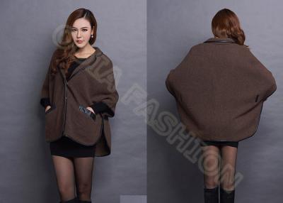 China Coffee Acrylic Wool Ladies Poncho Sweater Dolman Sleeve with PU Leather Binding Pockets for sale