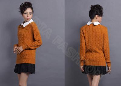 China Orange Womens Crew Neck Sweaters in Long Sleeve , Autumn Cable Knit Sweater for Girls for sale