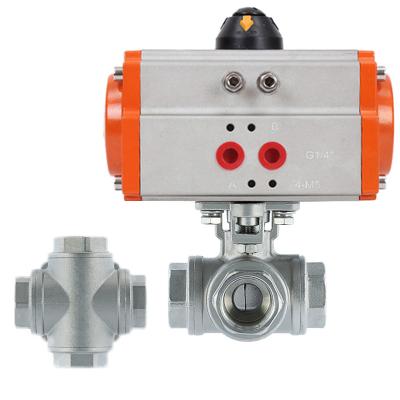 China General 2 Inch 4 Way T Port NPT Threaded CF8M Stainless Steel Pneumatic Interlocked Air Control Ball Valve for sale