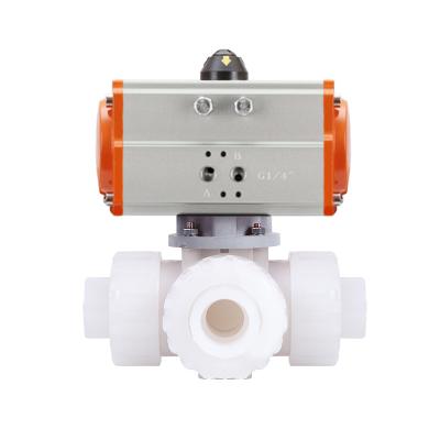 China 1inch General L 3 Way PVDF Double Port Ball Valve Unions Plug Pneumatic Actuator Corrosion Resistant Pneumatic Ball Valve for sale