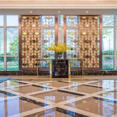 China New classic/postmodern gold flower pattern partition wall for hotel lobby stainless steel screen laser cut metal room divider for sale