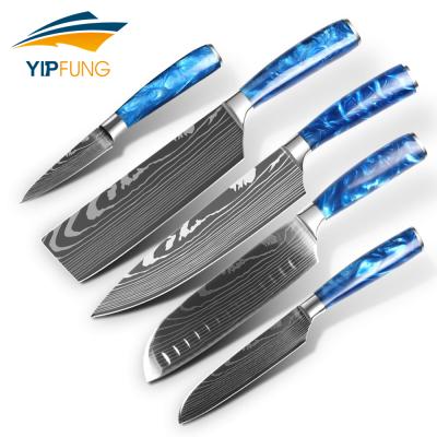 China 2021 VG10 Damascus Steel Japanese Chef Handmade Kitchen Serving Knives Set With Sustainable Hot Selling Blue Resin Handle for sale