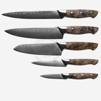 China Viable Kitchen Knife Damascus Set Knife Logo / 5pcs Customized Packaging Kitchen Knife Set Damascus Vg10, White Shade Wood Handle for sale