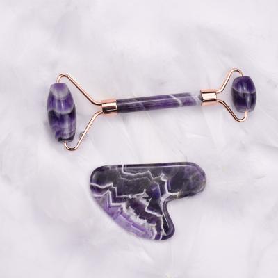 China Whitening Best Quality Amethyst Amethyst Roller Gua Sha Purple Crystal Gua Sha Facial Sha Kit Set With Box for sale