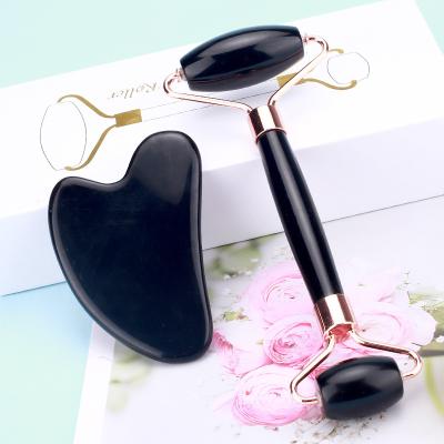 China Whitening Black Obsidian Face Roller Gua Sha Set Black Jade Face Massage Roller Gua Sha Beauty Tool With Gift Box for sale