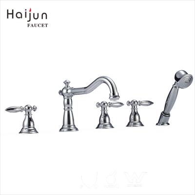 China Without Slide Bar Haijun Modern Sanitary Bathtub Wash Shower Handle 5 Holes Mixer Tap Triple Faucet for sale