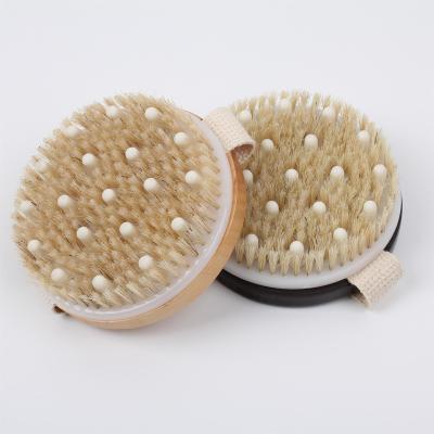 China All Natural Hot Sales Boar Exfoliating Bath Shower Scrubber Round Body Wooden Brush Massage Dry Brush for sale