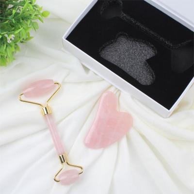 China High Quality Jade Facial Rose Quartz Roller and Body SPA Rose Face Massage Gua Sha Tool Set for Women for sale